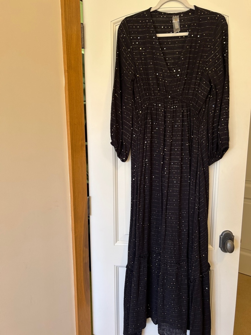 PQ Swim Elegant Black Sequined Maxi Dress. Cinched Umpire Waist & Lantern Sleeve